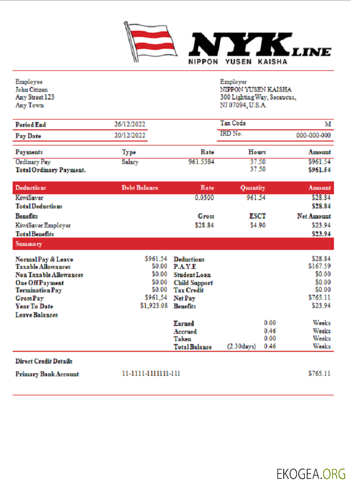 Talon de paie de la compagnie maritime USA NIPPON YUSEN KAISHA